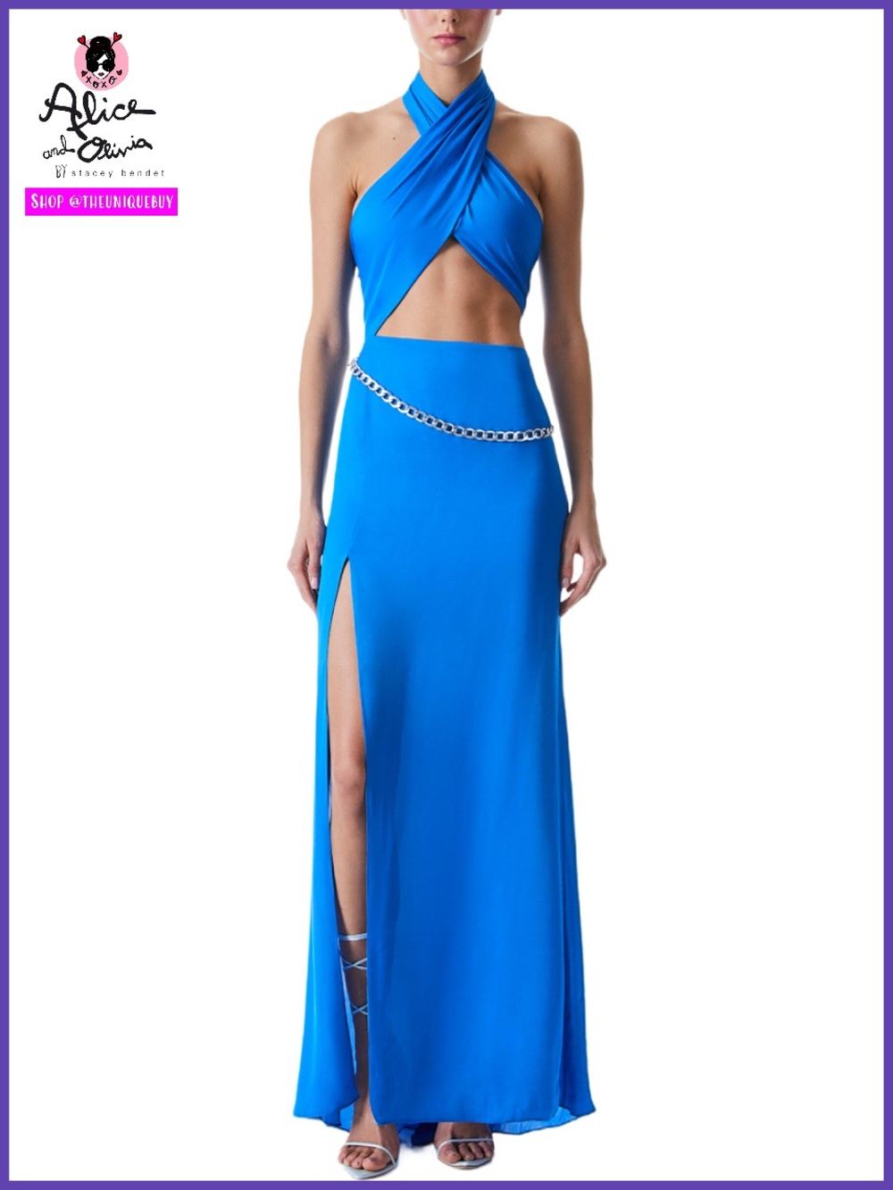 Alice + Olivia May Halter Neck Chain Waist Blue Cutout Gown